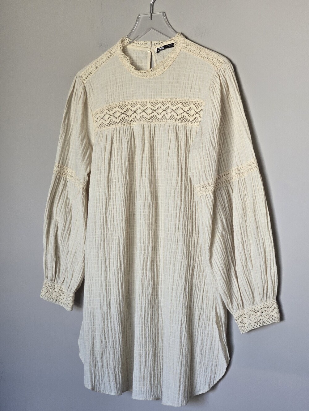 Zara Boho Linen Cotton Blend Gauzy Cream Long-Sleeve Lace-Trim Tunic Top XL